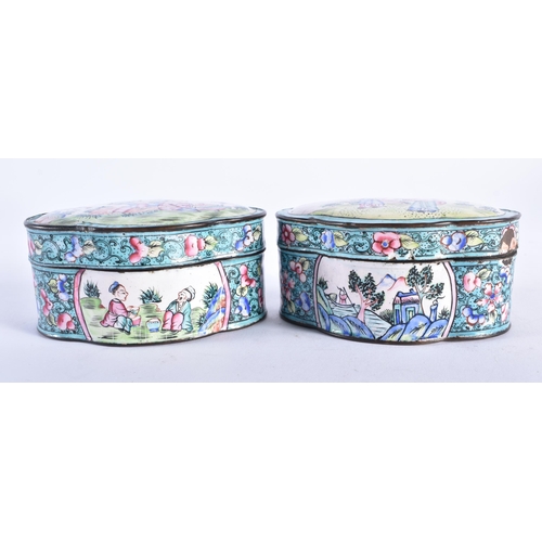 2224 - A PAIR OF 19TH CENTURY CHINESE CANTON ENAMEL BOXES AND COVERS Qing. 10 cm x 7.5 cm.