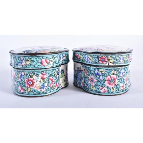 2224 - A PAIR OF 19TH CENTURY CHINESE CANTON ENAMEL BOXES AND COVERS Qing. 10 cm x 7.5 cm.