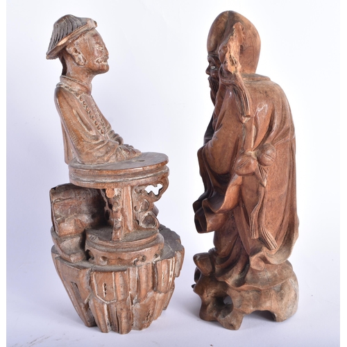 2225 - AN 18TH CENTURY CHINESE CARVED WOOD FIGURE OF A SCHOLAR Qing, together with another hardwood figure.... 