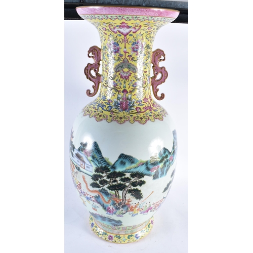 2240 - A VERY LARGE CHINESE FAMILLE ROSE TWIN HANDLED PORCELAIN VASE 20th Century. 77 cm high.