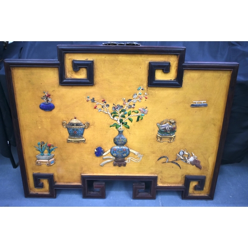 2242 - A VERY LARGE CHINESE CLOISONNE ENAMEL AND HARDSTONE INSET PANEL 20th Century. 122 cm x 95 cm.