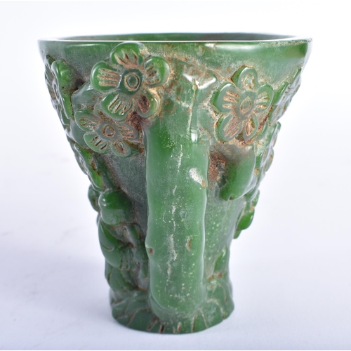 2442 - A CHINESE CARVED GREEN JADE TYPE LIBATION CUP 20th Century. 535 grams. 12 cm x 9 cm.