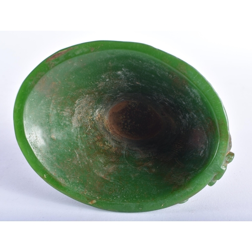 2442 - A CHINESE CARVED GREEN JADE TYPE LIBATION CUP 20th Century. 535 grams. 12 cm x 9 cm.