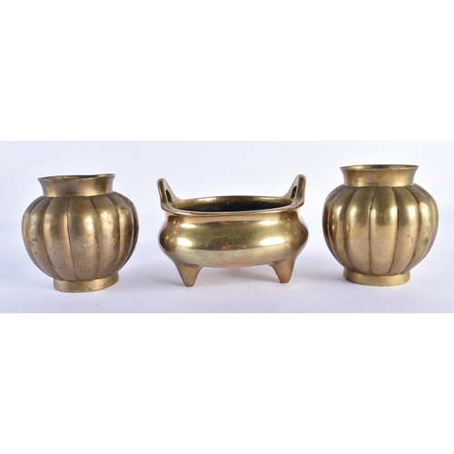 2504 - A 19TH CENTURY CHINESE TWIN HANDLED BRONZE CENSER Qing, together with a similar pair of vases. Large... 