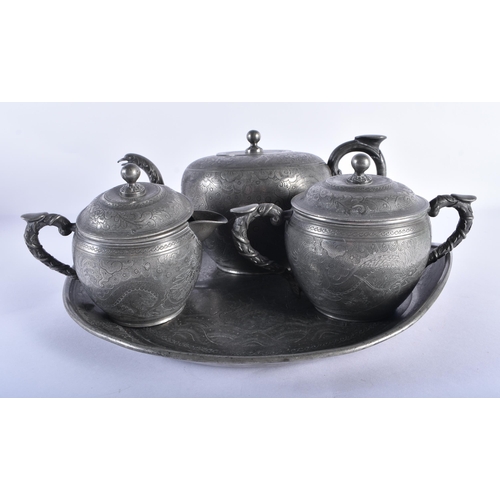 2505 - A 19TH CENTURY CHINESE PEWTER ENGRAVED TEASET Qing. Largest 27 cm wide. (4)