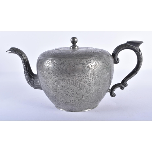 2505 - A 19TH CENTURY CHINESE PEWTER ENGRAVED TEASET Qing. Largest 27 cm wide. (4)