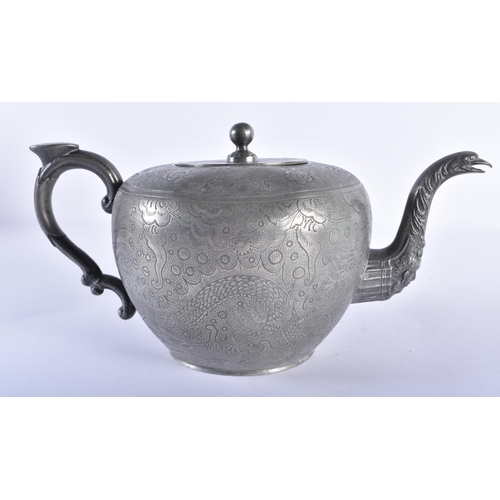 2505 - A 19TH CENTURY CHINESE PEWTER ENGRAVED TEASET Qing. Largest 27 cm wide. (4)