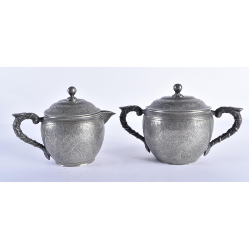 2505 - A 19TH CENTURY CHINESE PEWTER ENGRAVED TEASET Qing. Largest 27 cm wide. (4)