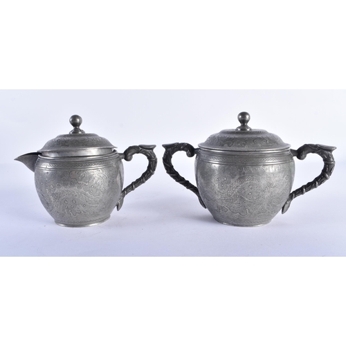 2505 - A 19TH CENTURY CHINESE PEWTER ENGRAVED TEASET Qing. Largest 27 cm wide. (4)