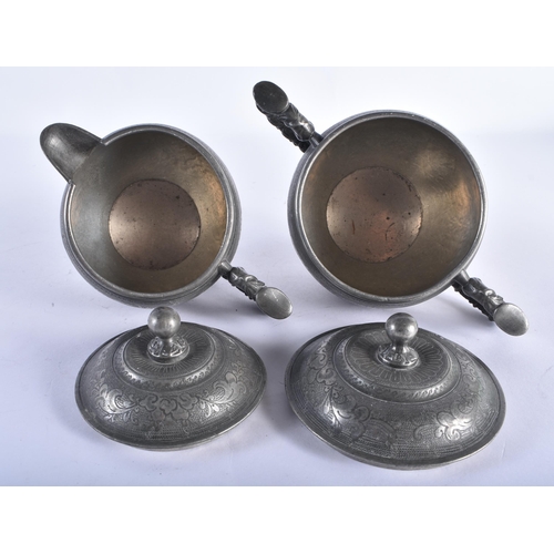 2505 - A 19TH CENTURY CHINESE PEWTER ENGRAVED TEASET Qing. Largest 27 cm wide. (4)