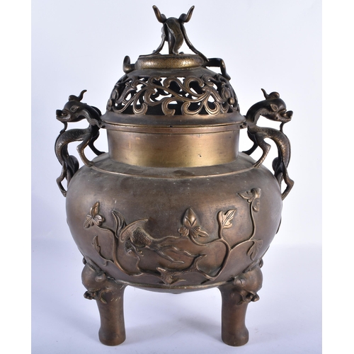 2563 - A VERY LARGE 18TH/19TH CENTURY CHINESE TWIN HANDLED BRONZE CENSER AND COVER bearing Xuande marks to ... 