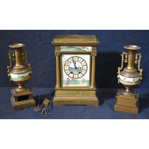 3433 - A gilt metal Mantel clock set with two twin handle urns the face is metal enamelled and decorated wi... 