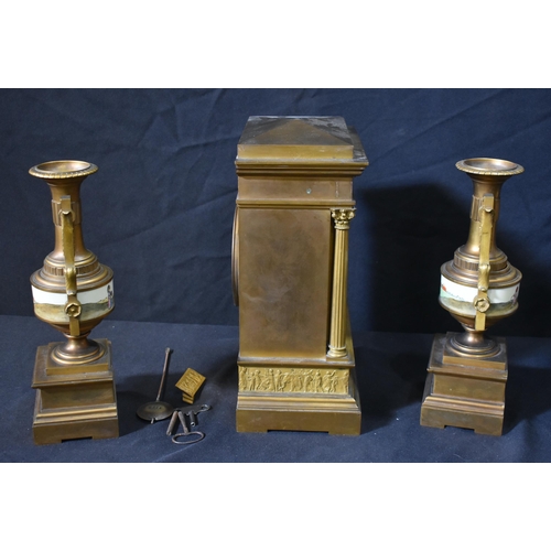 3433 - A gilt metal Mantel clock set with two twin handle urns the face is metal enamelled and decorated wi... 