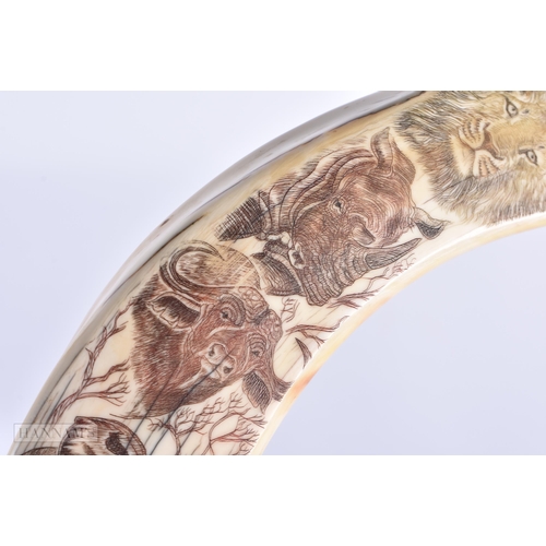 10 - AN EARLY 20TH CENTURY CARVED SCRIMSHAW WILD AFRICAN ANIMAL WALKING CANE. 90 cm long.