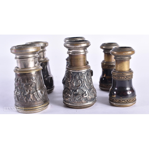 11 - TWO PAIRS OF VICTORIAN SILVER OPERA GLASSES together with a pair of antique tortoiseshell opera glas... 