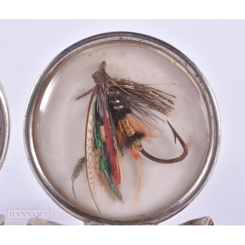 112 - A SIMILAR MATCHED PAIR OF ANTIQUE ENGLISH SILVER FLY FISHING MENU HOLDERS by Grey & Co. CHester 1909... 