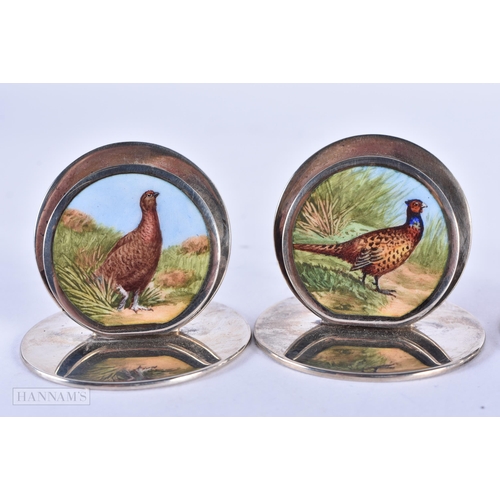 114 - A FINE SET OF ANTIQUE ENGLISH SILVER AND ENAMEL GAME BIRD MENU HOLDERS by J C Vickery. Chester 1913.... 