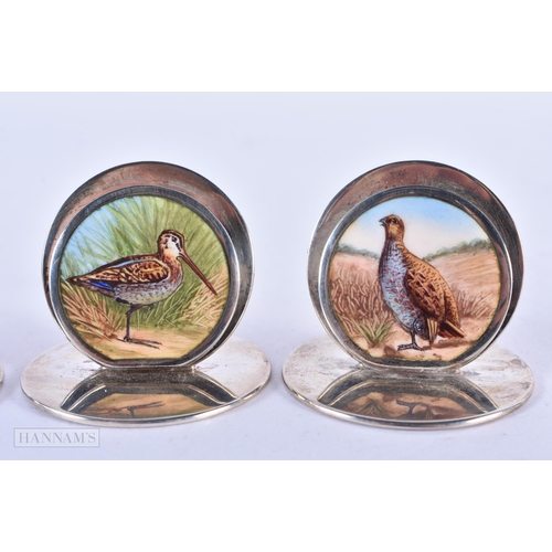 114 - A FINE SET OF ANTIQUE ENGLISH SILVER AND ENAMEL GAME BIRD MENU HOLDERS by J C Vickery. Chester 1913.... 