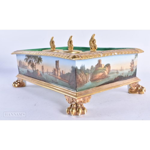 125 - A FINE LARGE EARLY 19TH CENTURY PARIS PORCELAIN DESK STAND beautifully painted with external maritim... 