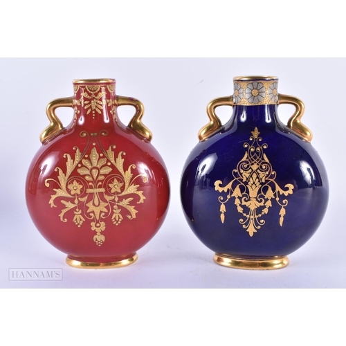 131 - A FINE PAIR OF COALPORT TWIN HANDLED PORCELAIN JEWELLED PILGRIM FLASKS both enamelled in relief with... 