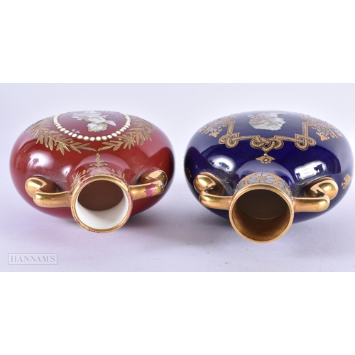 131 - A FINE PAIR OF COALPORT TWIN HANDLED PORCELAIN JEWELLED PILGRIM FLASKS both enamelled in relief with... 