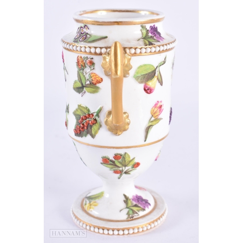 140 - AN EARLY 19TH CENTURY SPODE TWIN HANDLED PORCELAIN VASE decorated in relief with studies of flowers.... 