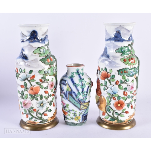 142 - A PAIR OF 19TH CENTURY FRENCH SAMSONS OF PARIS PORCELAIN VASES together with a similar vase, decorat... 