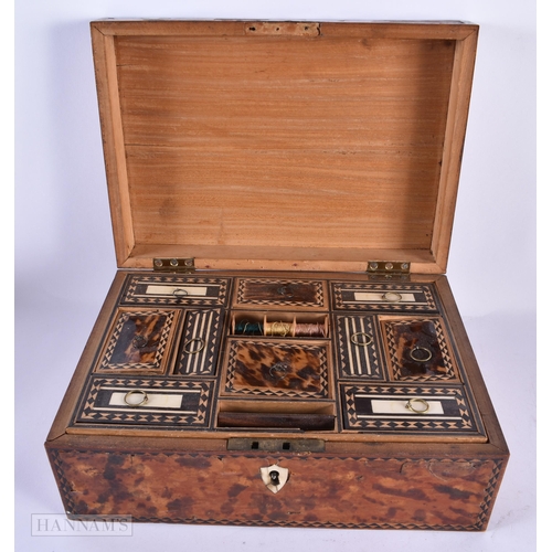 144 - AN UNUSUAL EARLY 19TH CENTURY TORTOISESHELL SEWING BOX with fitted interior. 30 cm x 20 cm x 12 cm.