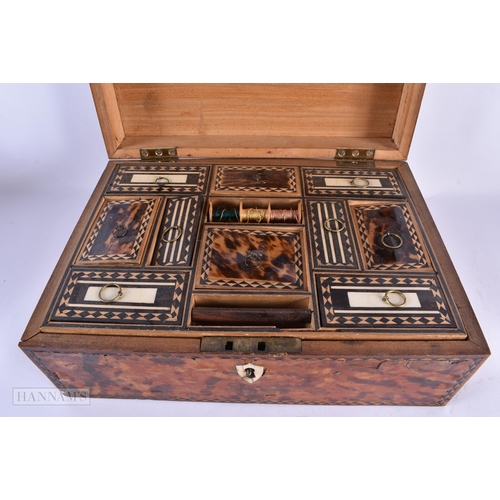 144 - AN UNUSUAL EARLY 19TH CENTURY TORTOISESHELL SEWING BOX with fitted interior. 30 cm x 20 cm x 12 cm.