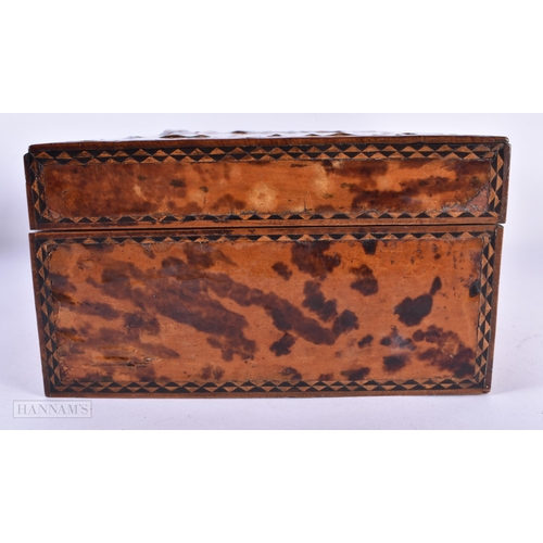 144 - AN UNUSUAL EARLY 19TH CENTURY TORTOISESHELL SEWING BOX with fitted interior. 30 cm x 20 cm x 12 cm.