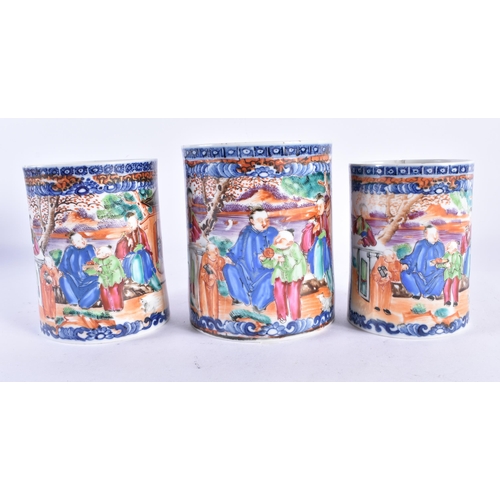 145 - A RARE SET OF THREE 18TH CENTURY CHINESE EXPORT FAMILLE ROSE MANDARIN MUGS Qianlong, of graduated fo... 