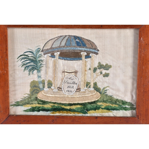 148 - AN UNUSUAL EARLY 19TH CENTURY EMBROIDERED STUMP WORK TYPE SAMPLER C1812. 22 cm x 18 cm.