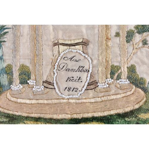 148 - AN UNUSUAL EARLY 19TH CENTURY EMBROIDERED STUMP WORK TYPE SAMPLER C1812. 22 cm x 18 cm.