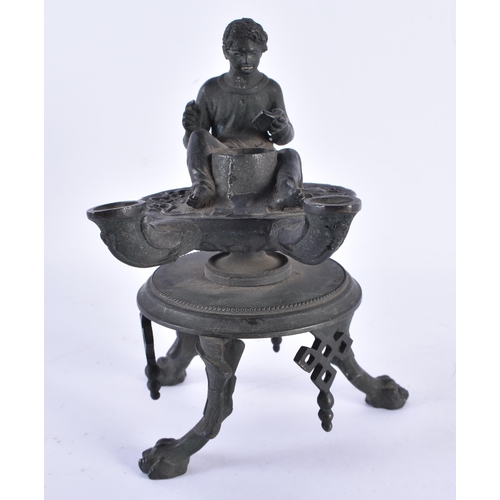 160 - A RARE 19TH CENTURY EUROPEAN GRAND TOUR BRONZE OIL LAMP formed as a seated scribe with double spouts... 