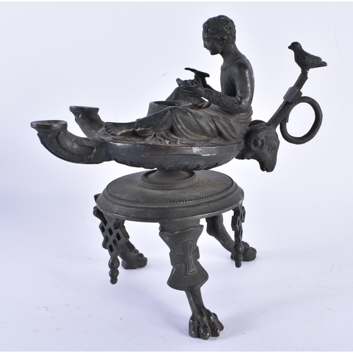 160 - A RARE 19TH CENTURY EUROPEAN GRAND TOUR BRONZE OIL LAMP formed as a seated scribe with double spouts... 