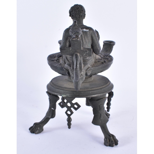 160 - A RARE 19TH CENTURY EUROPEAN GRAND TOUR BRONZE OIL LAMP formed as a seated scribe with double spouts... 