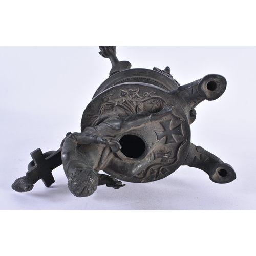 160 - A RARE 19TH CENTURY EUROPEAN GRAND TOUR BRONZE OIL LAMP formed as a seated scribe with double spouts... 