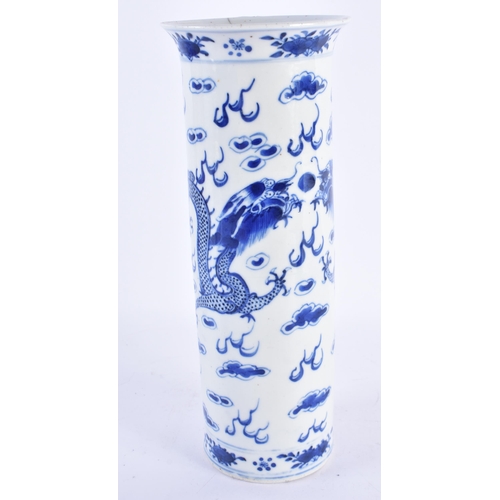 162 - A 19TH CENTURY CHINESE BLUE AND WHITE PORCELAIN DRAGON SLEEVE VASE bearing Kangxi marks to base. 26 ... 