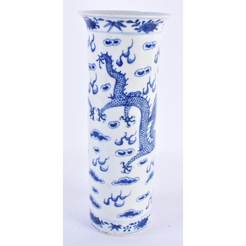 162 - A 19TH CENTURY CHINESE BLUE AND WHITE PORCELAIN DRAGON SLEEVE VASE bearing Kangxi marks to base. 26 ... 