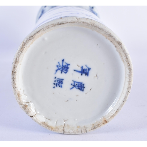 162 - A 19TH CENTURY CHINESE BLUE AND WHITE PORCELAIN DRAGON SLEEVE VASE bearing Kangxi marks to base. 26 ... 