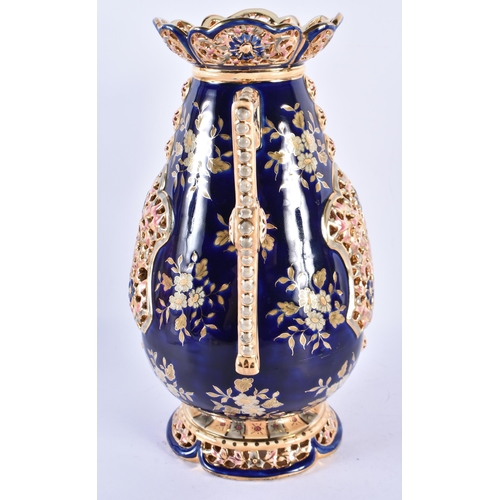 163 - A LARGE LATE 19TH CENTURY HUNGARIAN TWIN HANDLED RETICULATED VASE Attributed to Zsolnay Pecs. 30 cm ... 