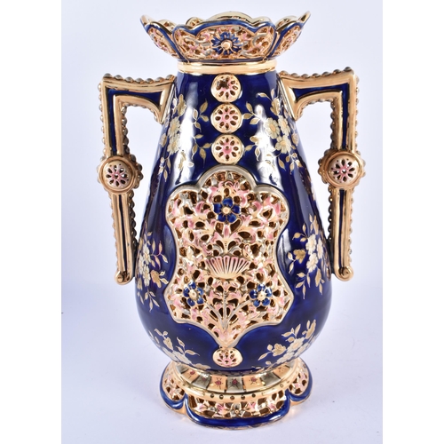 163 - A LARGE LATE 19TH CENTURY HUNGARIAN TWIN HANDLED RETICULATED VASE Attributed to Zsolnay Pecs. 30 cm ... 