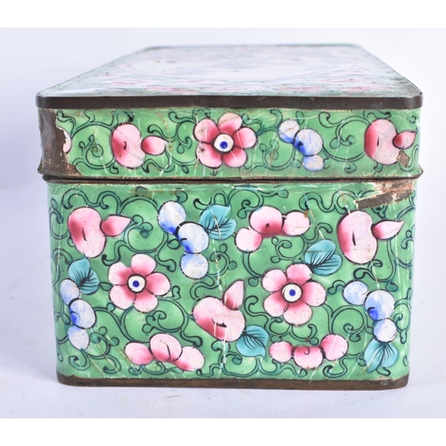 166 - A 19TH CENTURY CHINESE CANTON ENAMEL BOX AND COVER Late Qing. 18 cm x 9 cm.