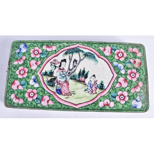 166 - A 19TH CENTURY CHINESE CANTON ENAMEL BOX AND COVER Late Qing. 18 cm x 9 cm.