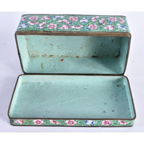 166 - A 19TH CENTURY CHINESE CANTON ENAMEL BOX AND COVER Late Qing. 18 cm x 9 cm.