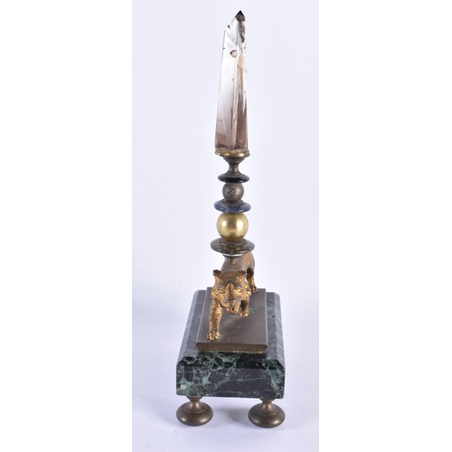 168 - A 19TH CENTURY CONTINENTAL GRAND TOUR BRONZE MARBLE AND CRYSTAL OBELISK. 21.5 cm high.