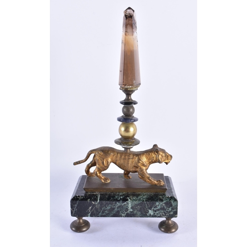 168 - A 19TH CENTURY CONTINENTAL GRAND TOUR BRONZE MARBLE AND CRYSTAL OBELISK. 21.5 cm high.