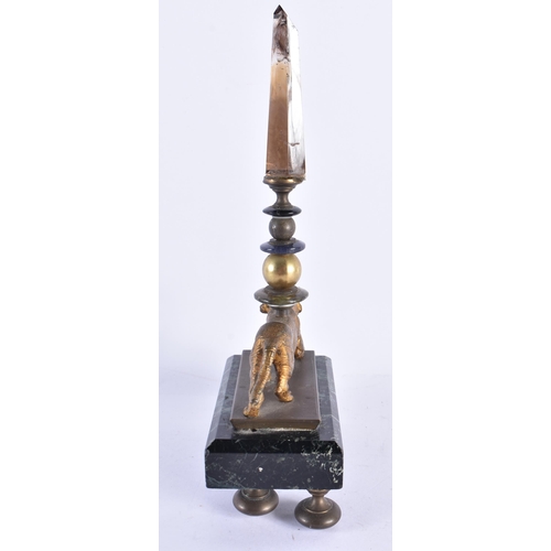 168 - A 19TH CENTURY CONTINENTAL GRAND TOUR BRONZE MARBLE AND CRYSTAL OBELISK. 21.5 cm high.