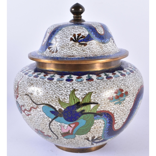 169 - A 19TH CENTURY CHINESE CLOISONNE ENAMEL VASE AND COVER Qing, decorated with dragons. 18 cm x 15 cm.