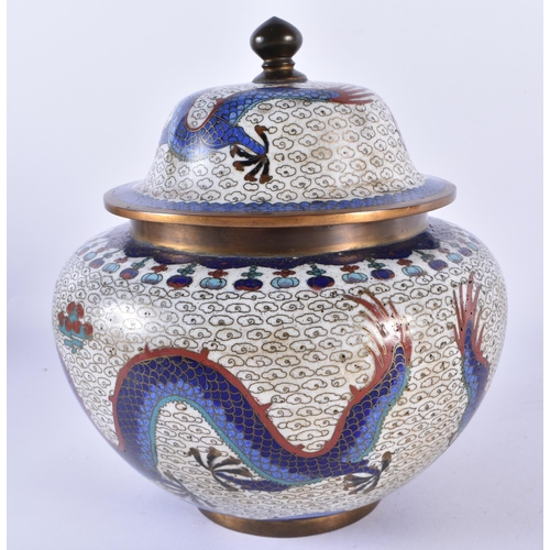 169 - A 19TH CENTURY CHINESE CLOISONNE ENAMEL VASE AND COVER Qing, decorated with dragons. 18 cm x 15 cm.